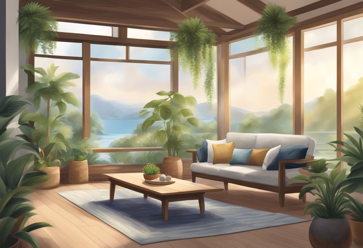 A serene setting with soft light, comfortable seating, and natural elements like plants and water. A sense of tranquility and calmness pervades the space