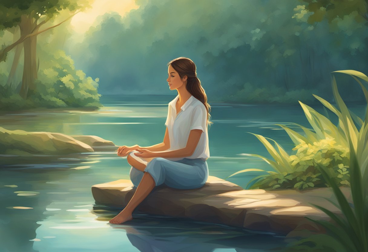 A serene figure sits cross-legged in a peaceful, natural setting, surrounded by gentle flowing water and lush greenery, with a soft, warm glow enveloping the scene