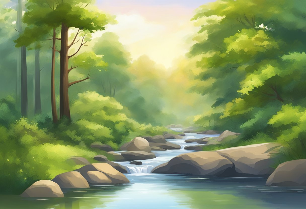 A serene landscape with a peaceful, secluded setting. A gentle stream flows through lush greenery, surrounded by tall trees and a clear, open sky