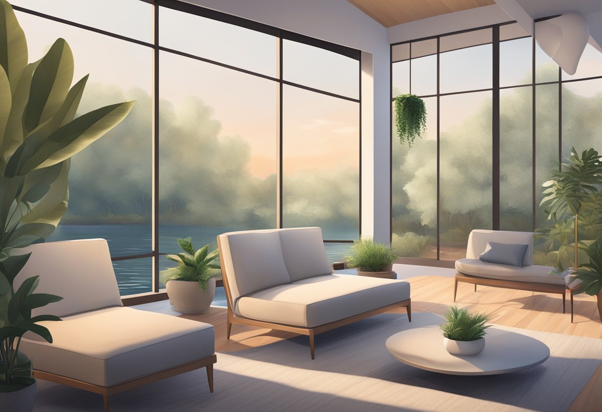 A serene setting with soft lighting, comfortable seating, and natural elements like plants and water. A calm atmosphere with minimal distractions