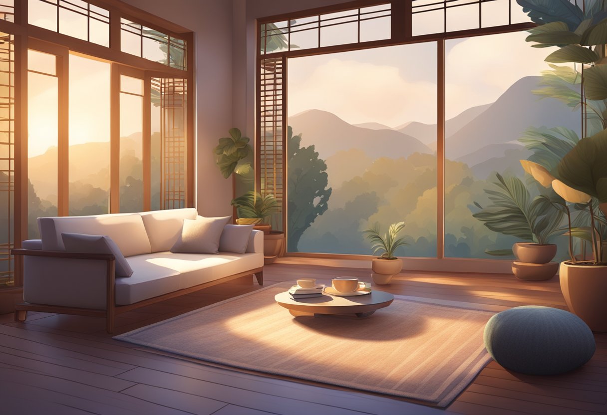 A serene setting with a comfortable cushion, soft lighting, and a peaceful ambiance for meditation script writing